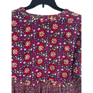Free People Boho Floral Peasant Top M Purple Red Tie Up Studded Beaded Rayon thumbnail 5