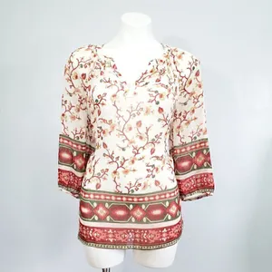 Old Navy Medium White Floral Boho Peasant Top Split Neck Geometric Border Print thumbnail 2