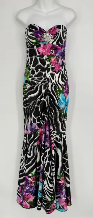 Cache Strapless Floral Zebra Mermaid Gown Size 2 Black Vintage Y2K Prom Party thumbnail 1