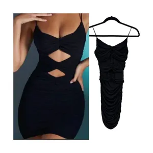 Oh Polly Black Ruched Mesh Cutout Bodycon Midi Dress Spaghetti Strap US 0 thumbnail 2