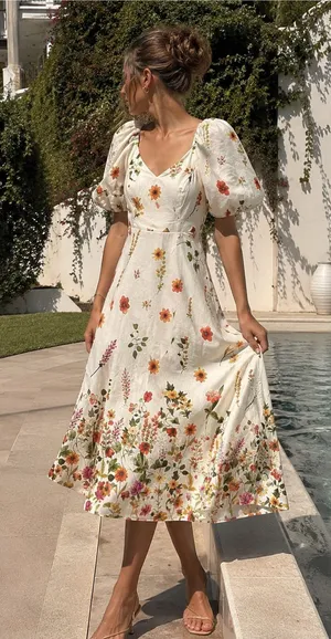 & Other Stories 100% Linen Floral Puff Sleeve Midi Dress thumbnail 1