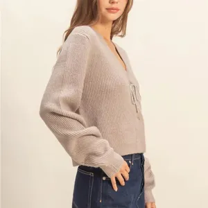 HYFVE Sparkly Bow Embellished Mocha Taupe Cardigan | Holiday Sweater size L thumbnail 3