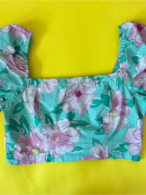 Floral Mint and Pink Puff-Sleeve Crop Top thumbnail 5