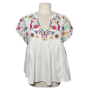 UMGEE Women’s Boho White Gauze Embroidered Babydoll Short Sleeve Top thumbnail 2