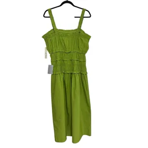 NEW Eliza J Smocked 100% Cotton Poplin Midi Tank Dress Bright Green - Size 14 thumbnail 2