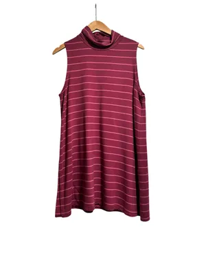 Garnet Hill Mock Turtleneck Tunic Top | Size Large | Burgundy Stripe | EUC thumbnail 2