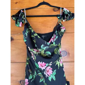 NWT Lulus Captivating Grace Black Floral Satin Ruffled Maxi Dress Cruise Gala S thumbnail 6