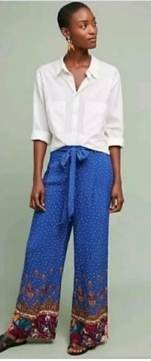 EttiTwa By Anthropologie Printed patterned Wide-Leg Trouser Pants size 14 Blue thumbnail 1