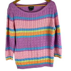 Vintage Lauren by Ralph Lauren Cable Knit Boat Neck Striped Sweater‎ Size Large thumbnail 2