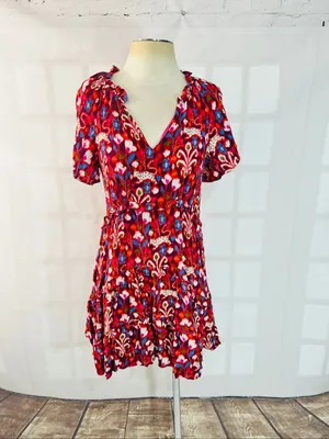 Anthropologie Red Pink Robin Floral Ruffle‎ Tiered V-Neck Mini Dress Size XS thumbnail 3