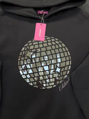Edikted Oversized Charcoal Gray Hoodie with Silver Disco Graphic thumbnail 3