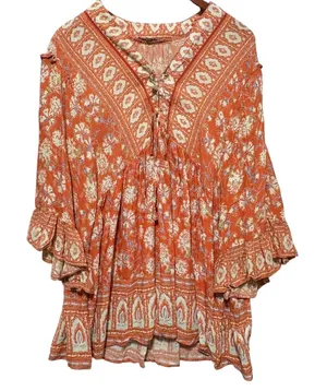 C&C California Boho Paisley Peasant Tunic L Orange Festival Folk‎ Cottagecore thumbnail 1