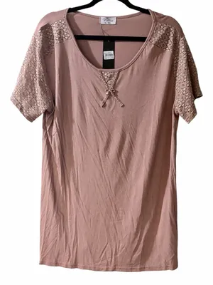 NWT Light Brown Lace Detail Embellished Stretch Knit Top thumbnail 1