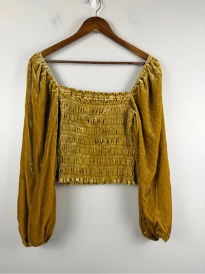 Anthropologie Puff-Sleeved Velvet Blouse in mustard yellow green size medium thumbnail 3