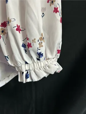 Ann Taylor White Floral Bell-Sleeve Blouse Red, Navy & Tan Print LG thumbnail 6