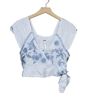 Free People Womens XS Sahara Embroidered Crop Top Blue NEW thumbnail 2