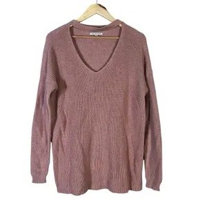 American Eagle Choker V-Neck Shaker Knit Sweater Pink Relaxed Ribbed Size M thumbnail 2