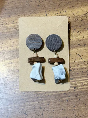 Handmade Wooden & Marbleized Drop Earrings - Brown and White thumbnail 2