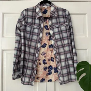 CAbi #233 Festival Button Down Shirt Mixed Plaid‎ Floral Small Blue Pink Artsy thumbnail 4