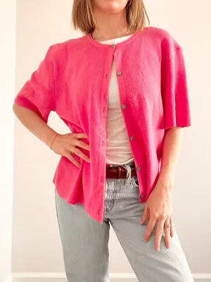 Boutique Brand Bright Pink Short-Sleeve Button Cardigan Top thumbnail 2