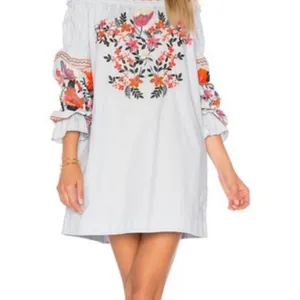 Free People Embroidered Off Shoulder Mini Dress Blue Orange Size S thumbnail 4
