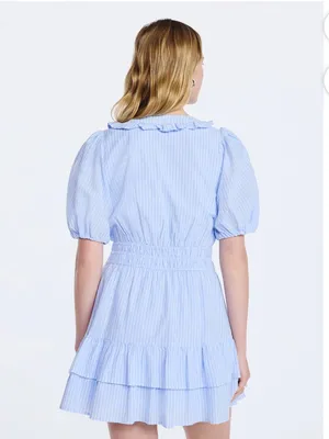 Free Assembly blue & white Tiered Ruffle Mini Dress with Short Puff Sleeves NWT thumbnail 3