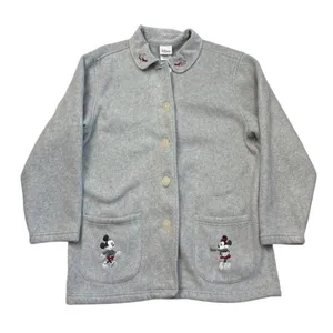 Disney Store Fleece Jacket Womens L Light Gray Mickie & Minnie Button Disneyland thumbnail 1