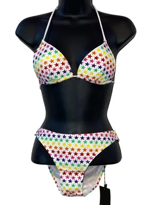 NWT Incity Bikini Set Rainbow‎ Star Print Small Triangle Top Cheeky Bottom thumbnail 1