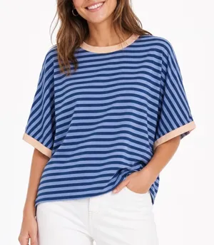 Blue Striped Ringer Tee Short Sleeve Relaxed Fit Boxy Crew Neck Top S With Flaw thumbnail 1