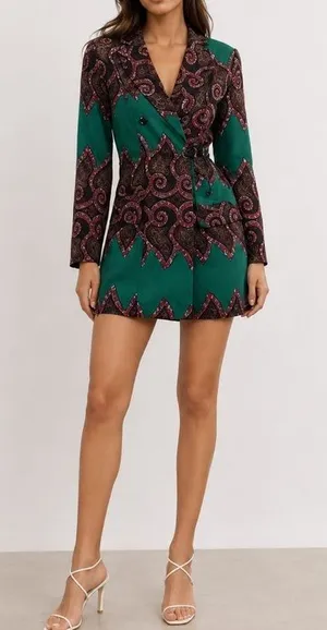 OFUURE Green Paisley Print Blazer Mini Dress Small Tailored Long Sleeve thumbnail 1