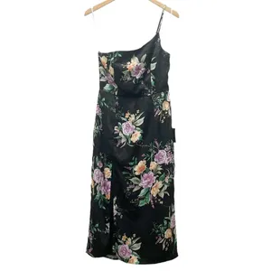 NWT Lulus Keepin' It Chic Black Floral Satin One-Shoulder Midi Dress Size Medium thumbnail 2