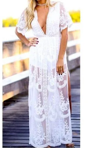 Eleter White Lace V-Neck Maxi Romper Dress Women's Boho Party Outfit Small thumbnail 1