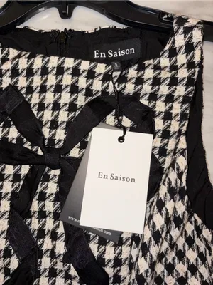 NWT En Saison Houndstooth Tweed Bow Mini Dress Black White Size S thumbnail 4