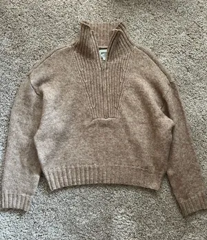 American Eagle Outfitters Cropped Half-Zip Ribbed Mock Neck Sweater - Taupe thumbnail 1