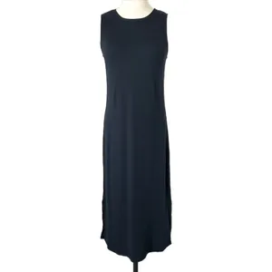 NEW Garnet Hill Sleeveless Rib Knit Midi Dress Organic Cotton Tencel Navy XS thumbnail 2