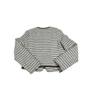 American Eagle Striped Cropped Moto Jacket Cream Navy Blue Faux Leather Trim L thumbnail 4