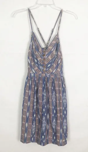 Ecote V-Neck 1/2 Button Blue/Brown Dress Sleeveless Boho Size Medium thumbnail 1
