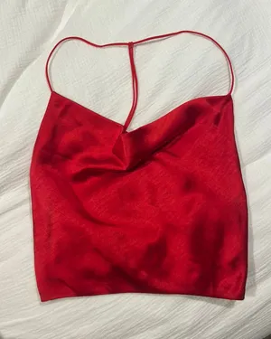 Red satin princess Polly crop top cowl neck thumbnail 1
