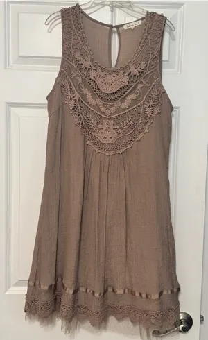 Indigo Soul Muted Mauve Crochet Lace Yolke Bohemian Sleeveless Summer Dress L thumbnail 1