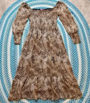 Betsey Johnson Peasant Tiered Midi Dress Large Smocked Puff Sleeve Animal Print thumbnail 1