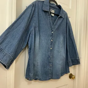 Faded Glory 100% Cotton Denim Shirt 26W 28W 3/4 Sleeve Western Utility Cowgirl thumbnail 2