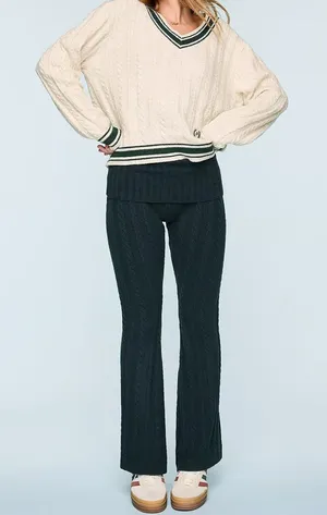 Pink Collegiate Cable-Knit‎ Foldover Flare Pants thumbnail 1