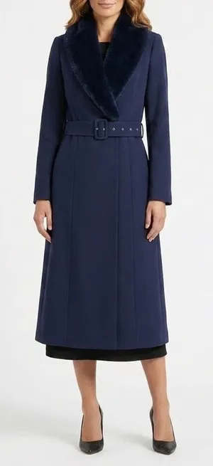 Naked Wardrobe The Statement Trench Coat Womens XS Navy Stretch Fur Trim Lined thumbnail 1