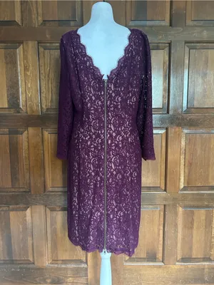 Adrianna Papell Size 16 Dress Purple Floral Lace Long Sleeve Shift‎ Scalloped thumbnail 4