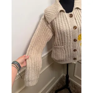 Anthropologie Pilcro Happy Flower Chunky Knit Cardigan Sweater Cream Button Up thumbnail 2
