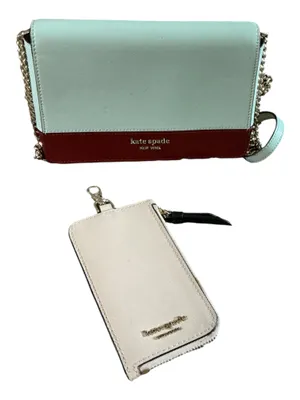 Kate Spade New York Saffiano Leather Colorblock Chain Crossbody Wallet Bag with Removable ID Card Holder Pouch – Mint Green / Burgundy (NWOT) thumbnail 1