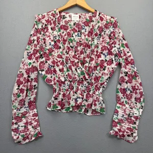 MISA Los Angeles Floral Smocked Peplum Top Pink‎ White V-Neck Long Sleeve Medium thumbnail 1