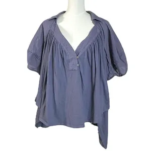 Free People Bohemian Billowy Oversized Sunray Babydoll Top Blue Granite XL thumbnail 7