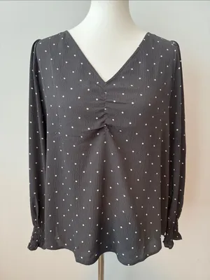 Loft V-Neck Long Sleeve Charcoal Polka Dot Blouse Top Women's Medium thumbnail 1