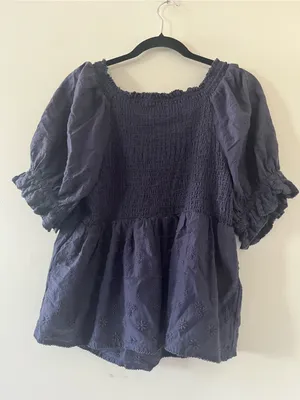 Old Navy Blue Embroidered Smocked Peasant Top Large Cottagecore Prairie Summer thumbnail 6